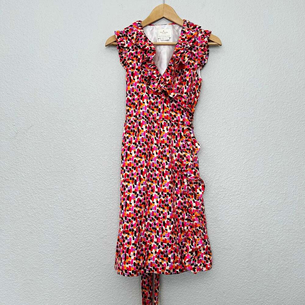 Kate Spade Silk Womens Abstract Print Ruffle Wrap V-Neck Fit & Flare Dress 2
